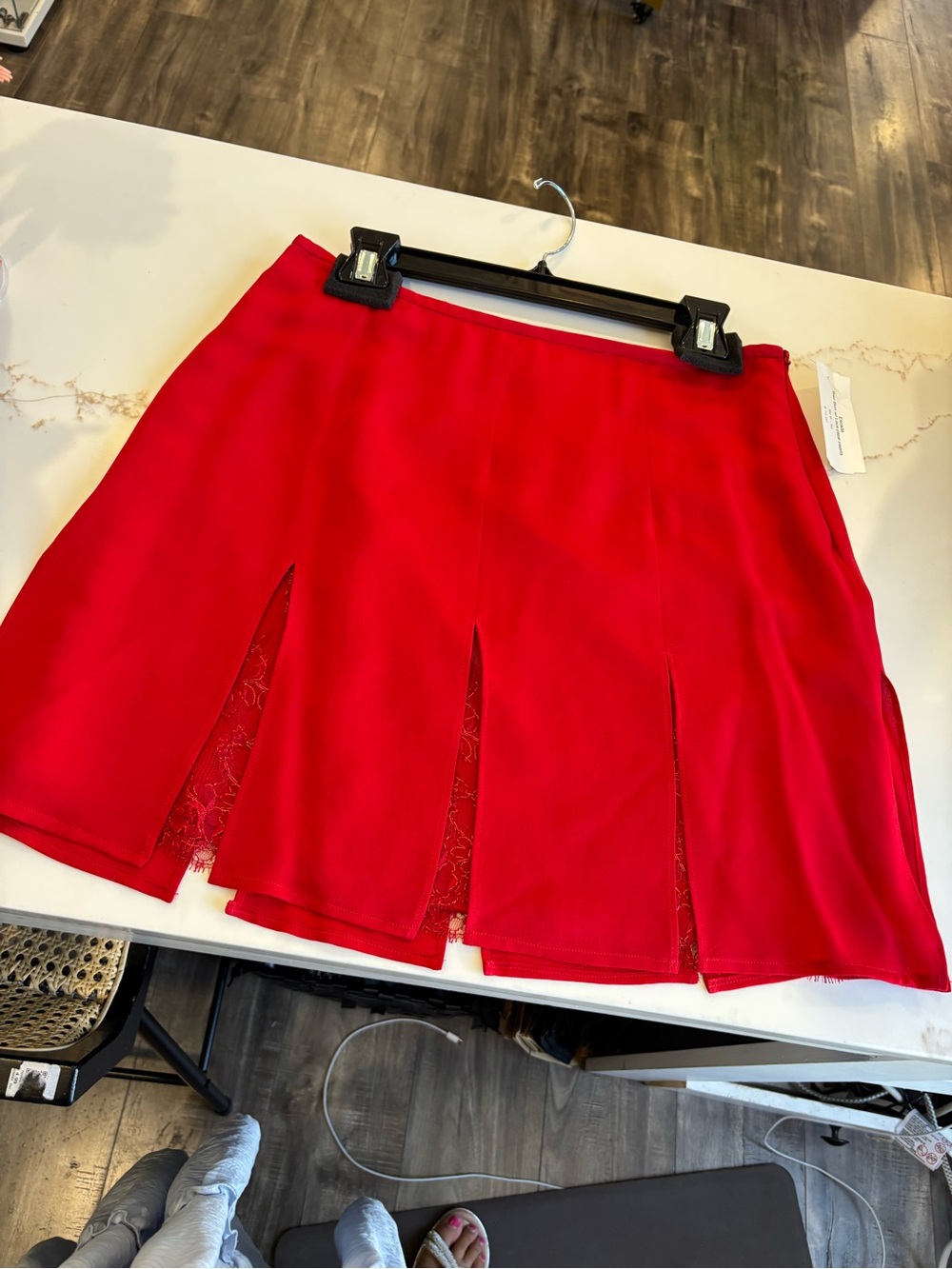 Escada vintage Bright Red Mini Skirt with Lace-Trim Slits